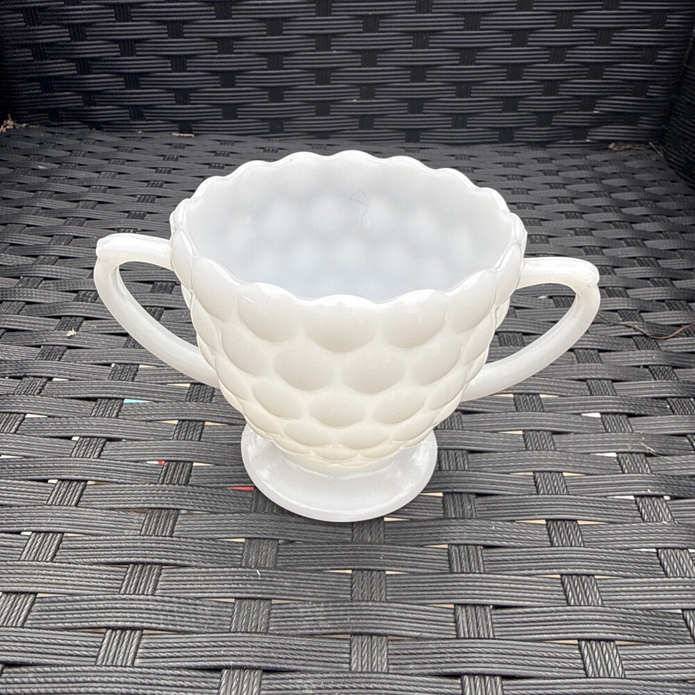 Anchor Hocking Bubble Bullseye Milk Glass Open Sugar Bowl Footed Double Handle